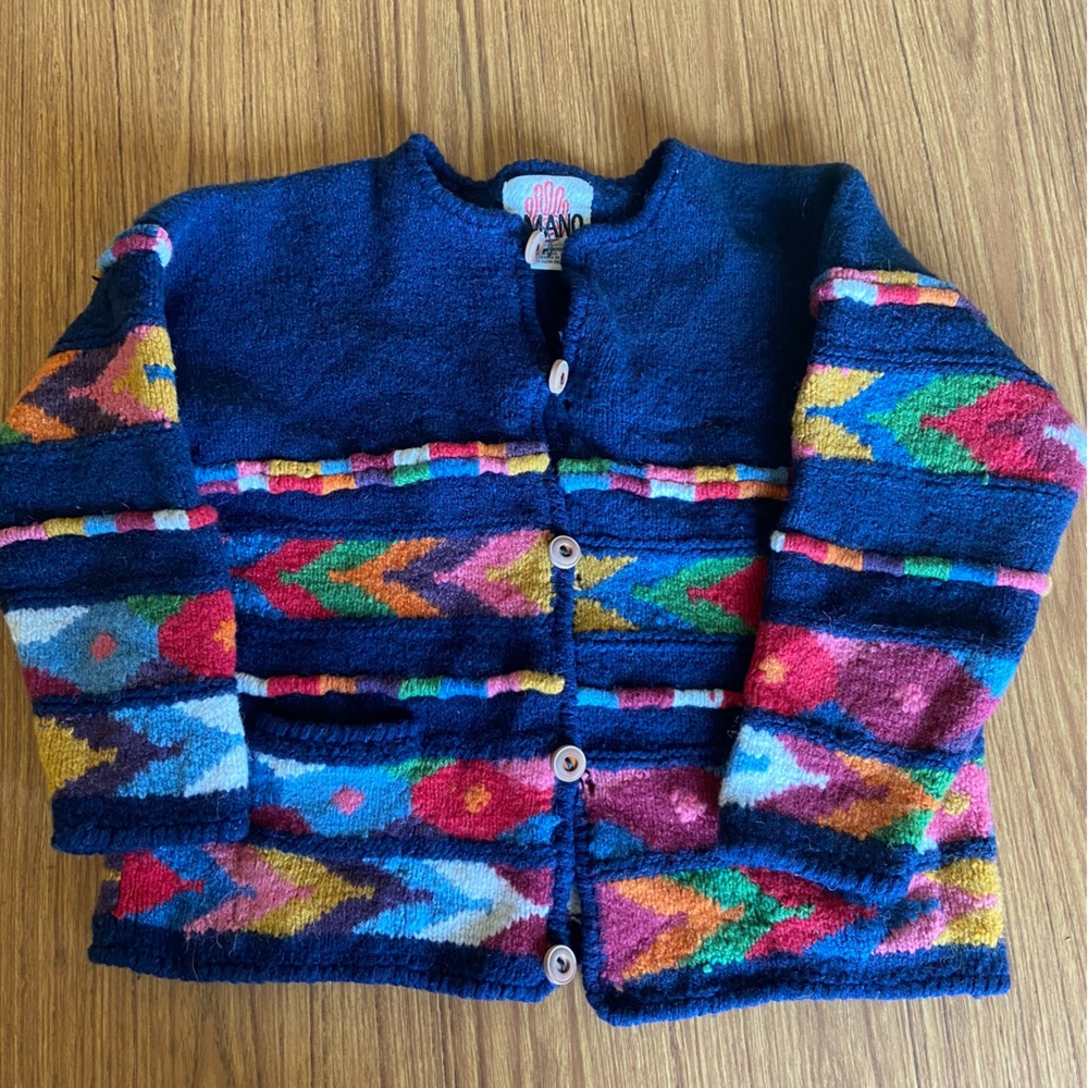 Amano Vintage - Wool Handknit Colorblock Boho Oversized Chunky Cardigan Sweater
